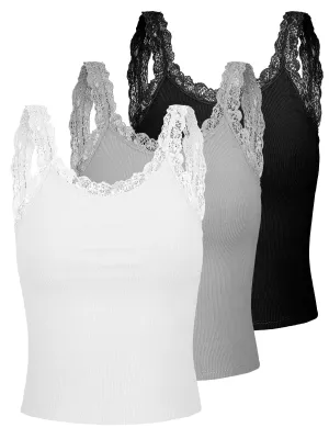3 Pcs Womens Lace Patchwork Tank Top Lace Camisole Tank Tops Sleeveless Cami Crop Top lace Trim y2k Tops (Black White Gray Small)