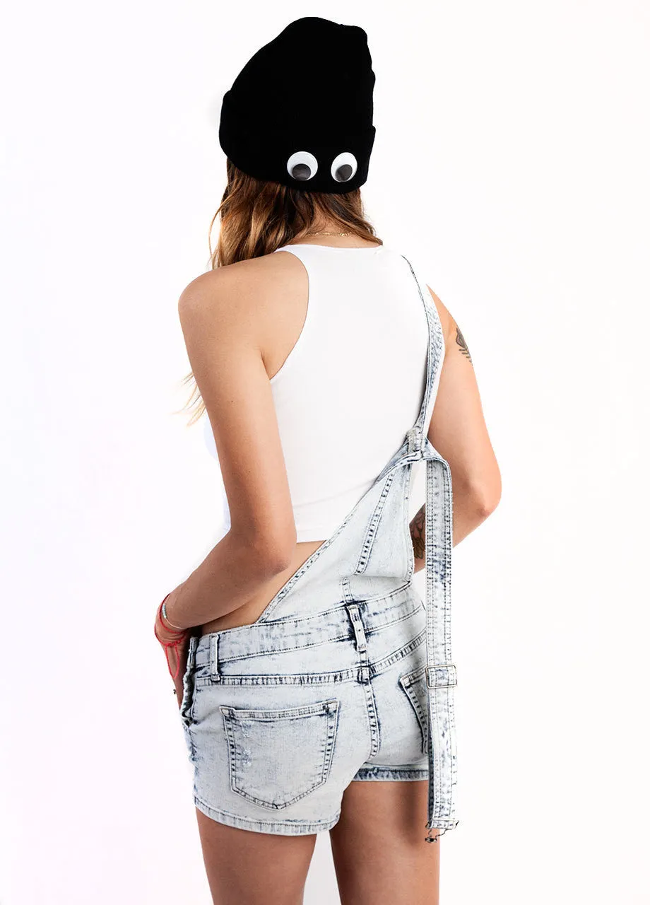 Acid Wash Denim Overall Shorts