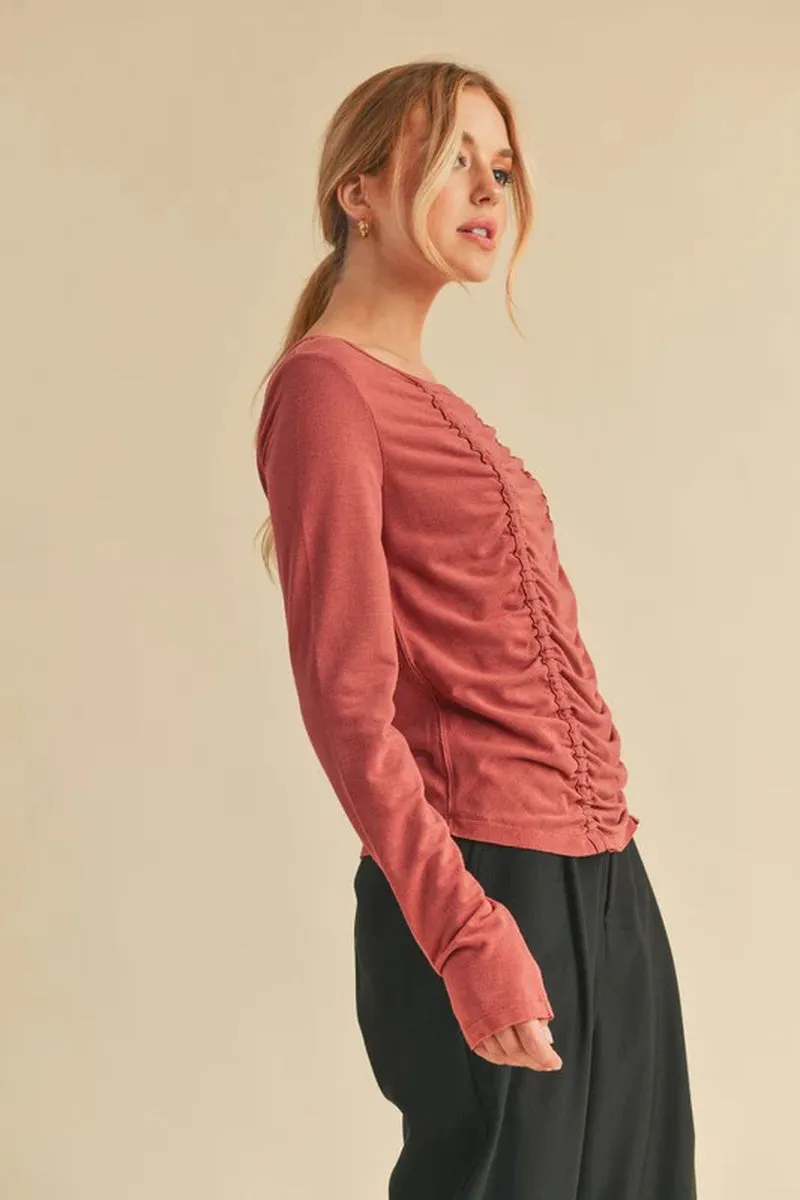 Aemi Co Ruched Front round Neck Long Sleeve T-Shirt