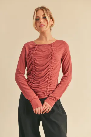 Aemi Co Ruched Front round Neck Long Sleeve T-Shirt
