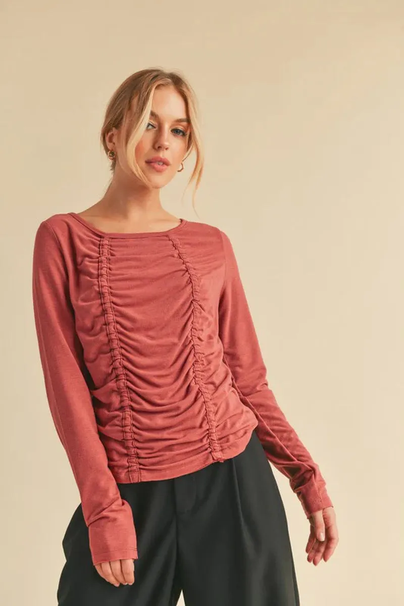Aemi Co Ruched Front round Neck Long Sleeve T-Shirt