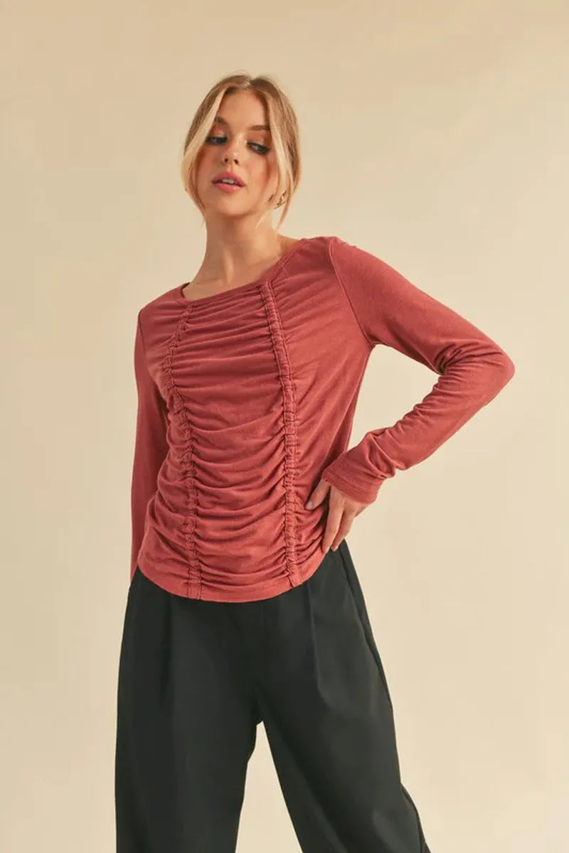 Aemi Co Ruched Front round Neck Long Sleeve T-Shirt