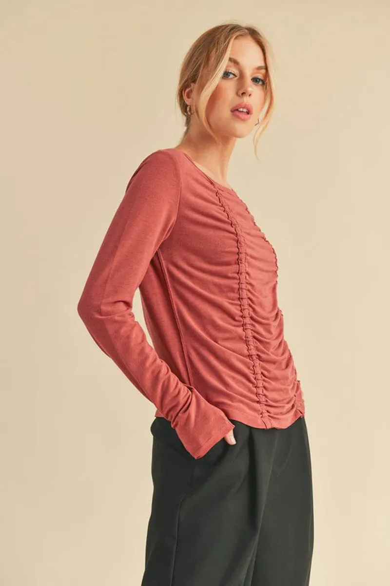 Aemi Co Ruched Front round Neck Long Sleeve T-Shirt