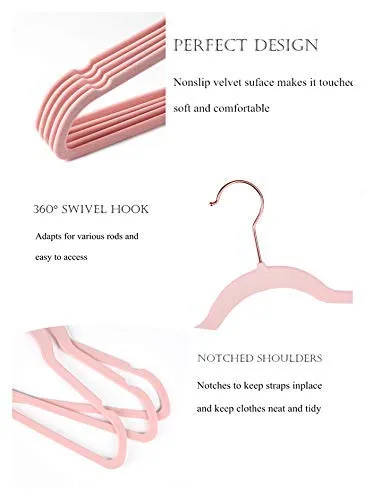 AREKUAEI Premium Blush Pink Velvet Hangers (Pack of 50) Heavyduty - Non Slip - Velvet Suit Hangers - Copper/Rose Gold Hooks,Space Saving Clothes Hangers
