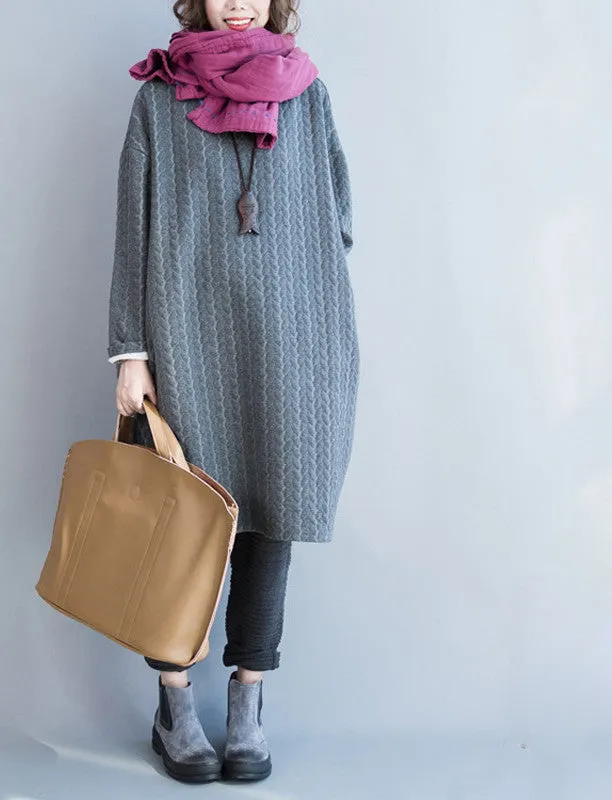 Autumn Plus Size Women Dress Cotton Full Sleeve Long Grey Casual Tops&Tees Striped Print Solid Fashion Midi Female Dresses