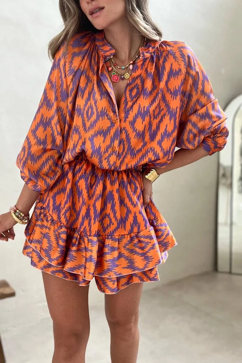 Aztec Orange Print Bubble Sleeve High Waist Romper