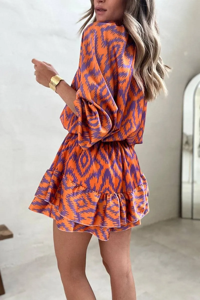 Aztec Orange Print Bubble Sleeve High Waist Romper