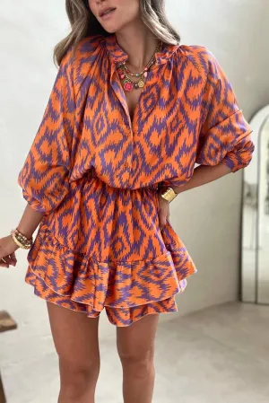 Aztec Orange Print Bubble Sleeve High Waist Romper