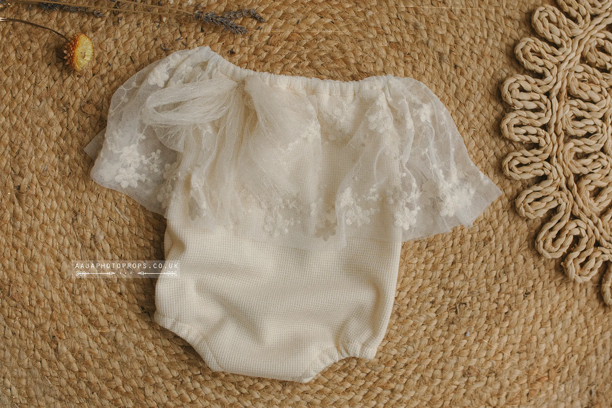 Baby 9-12 months size girl boho romper, frilly, natural cream, RTS