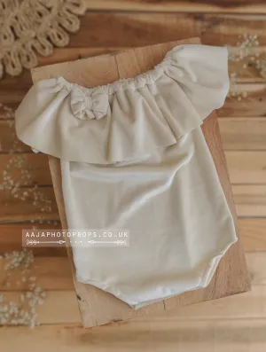 Baby 9-12 months size girl velvet romper, frilly, light creamy beige, made to order