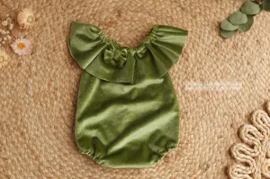Baby girl velvet romper, frilly, olive green, made to order
