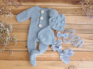 Baby newborn bonnet with velvet, romper, tieback, bauble bonnet set, light dusty blue, made to order