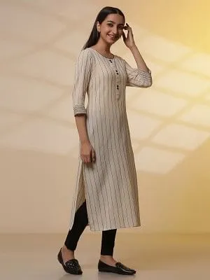 Beige Yarn-Dyed Striped Crinkled Kurta, Tights and Dupatta Set