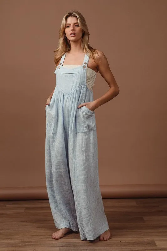 BiBi Vintage Washed Crinkle Gauze Wide Leg Overalls
