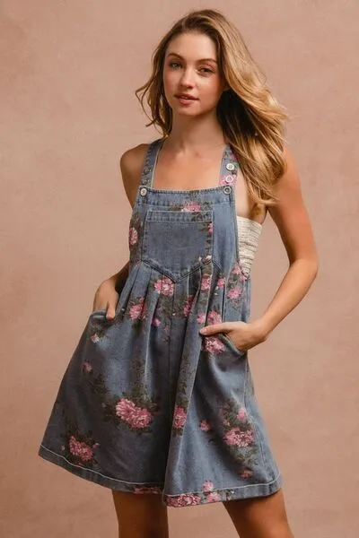 BiBi Women's Pocketed Denim Overalls with Floral Print and Wide Straps | Durable 100% Cotton