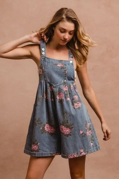 BiBi Women's Pocketed Denim Overalls with Floral Print and Wide Straps | Durable 100% Cotton