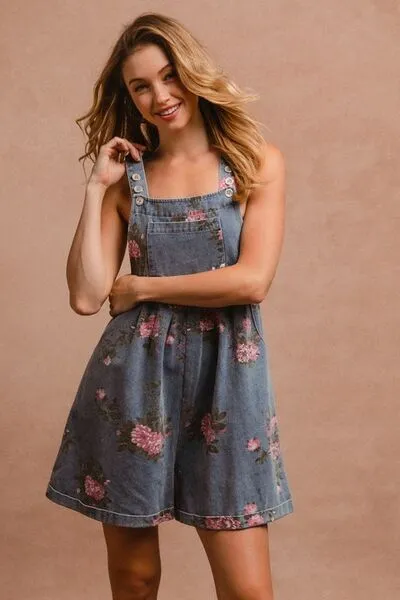 BiBi Women's Pocketed Denim Overalls with Floral Print and Wide Straps | Durable 100% Cotton