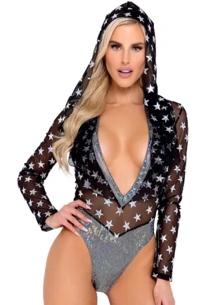 Black And Silver Mesh Stars Print Hooded Romper