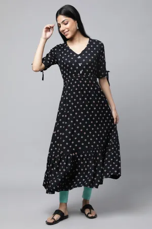 Black Khadi Printed Liva Dress And Tights Set