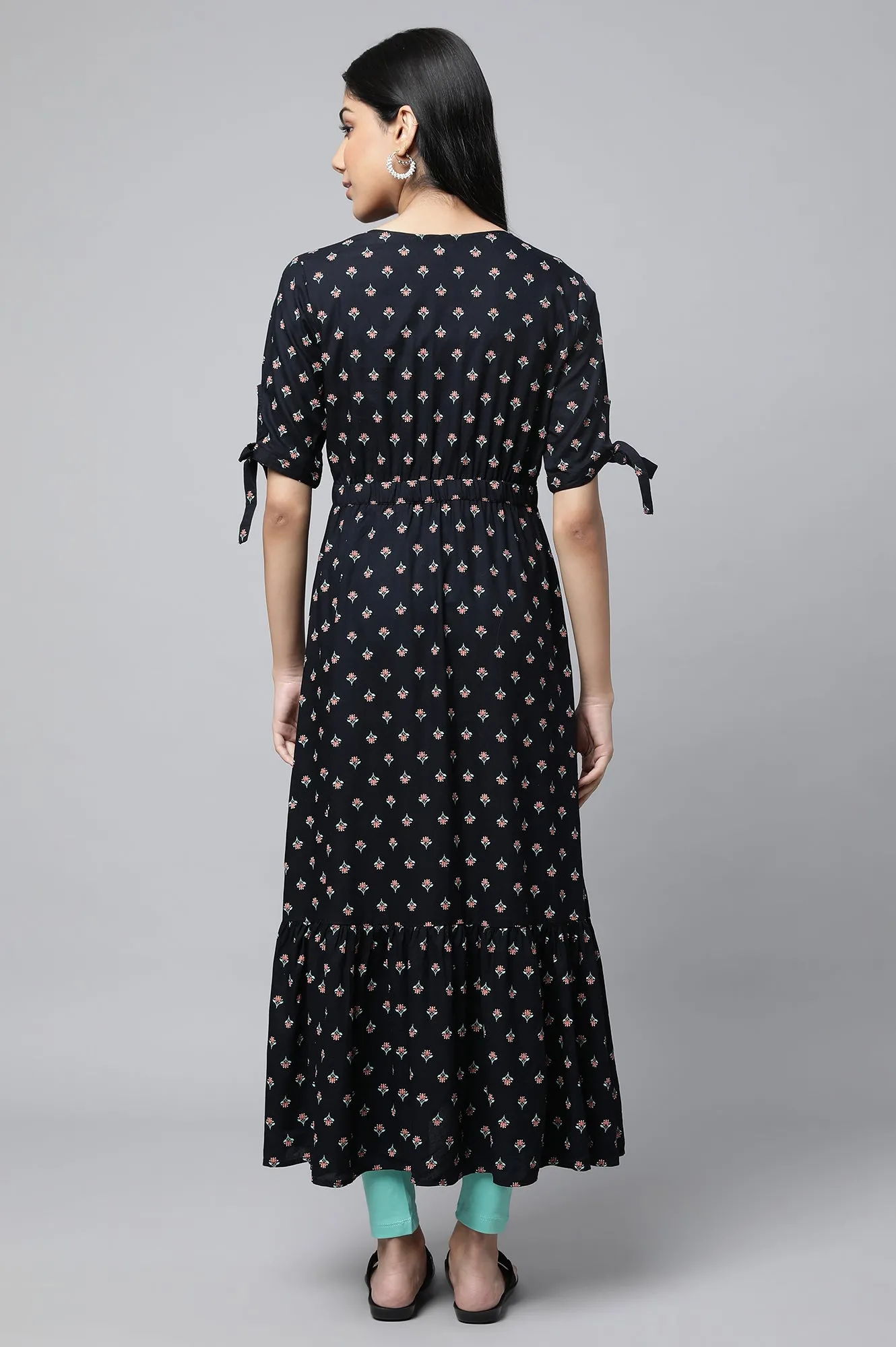 Black Khadi Printed Liva Dress And Tights Set