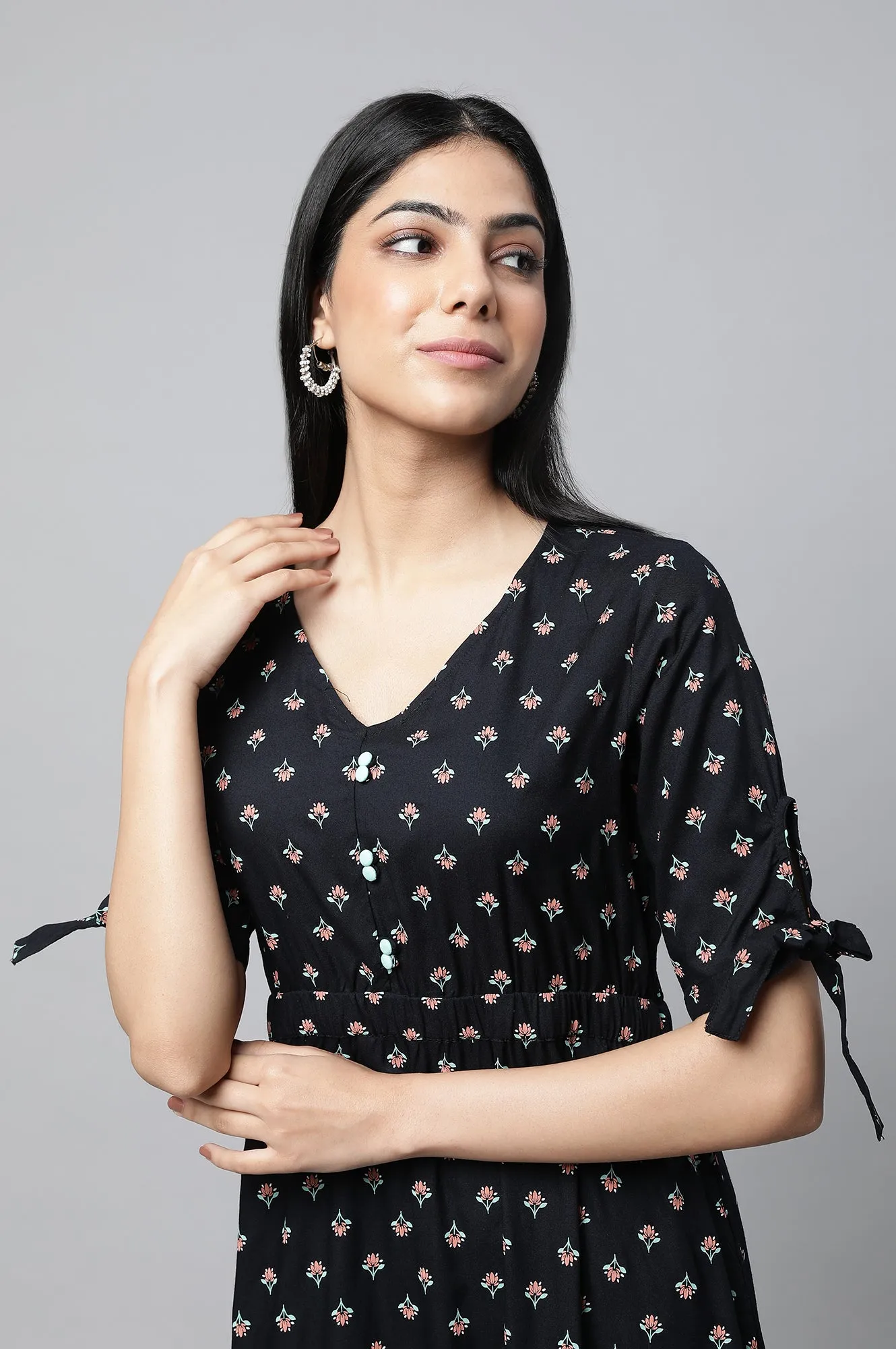 Black Khadi Printed Liva Dress And Tights Set