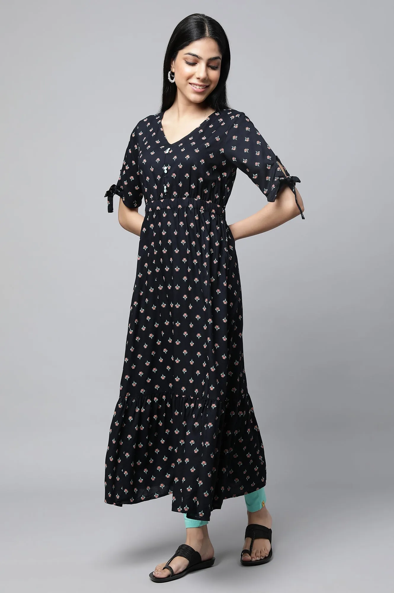 Black Khadi Printed Liva Dress And Tights Set
