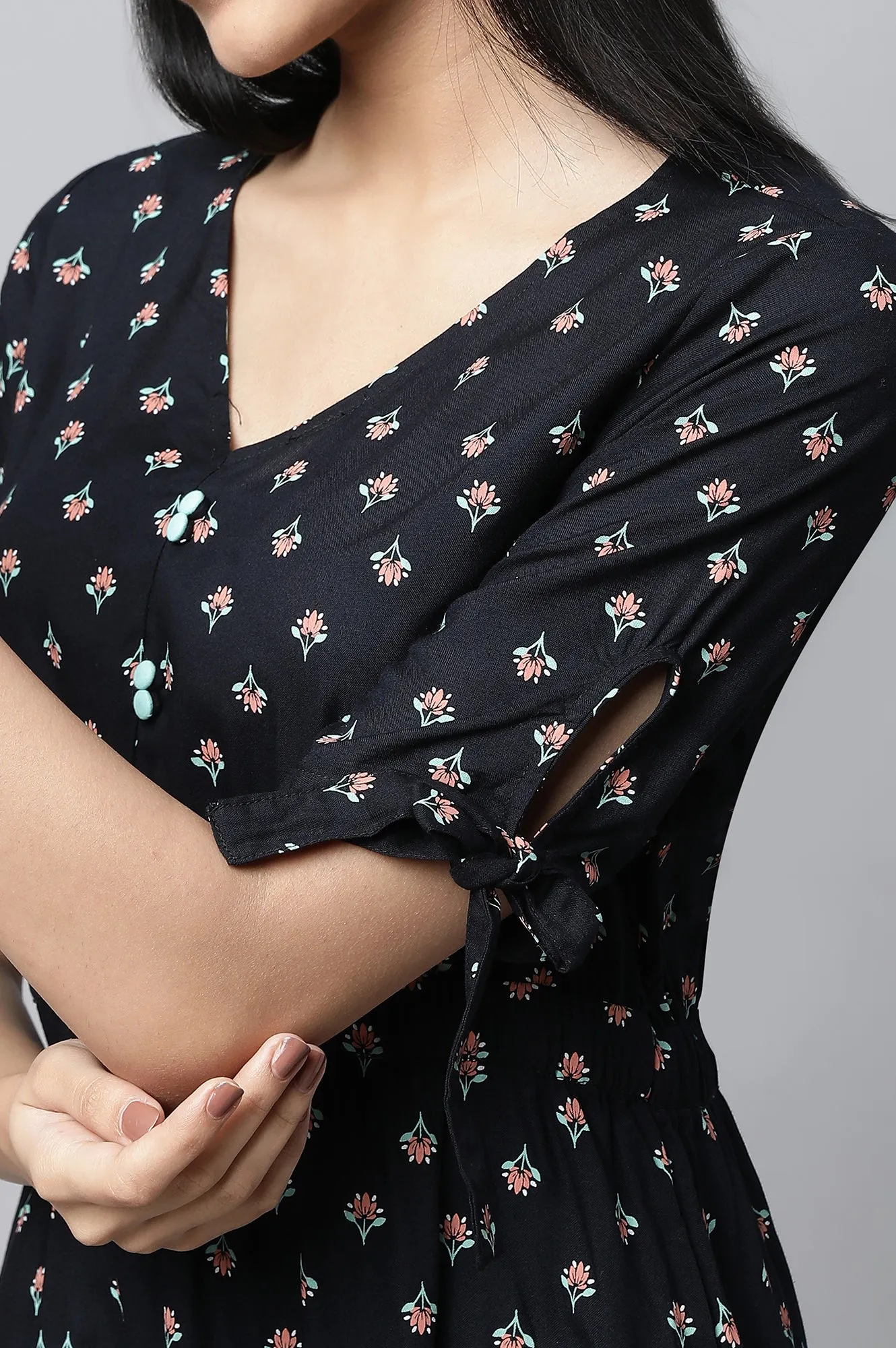 Black Khadi Printed Liva Dress And Tights Set