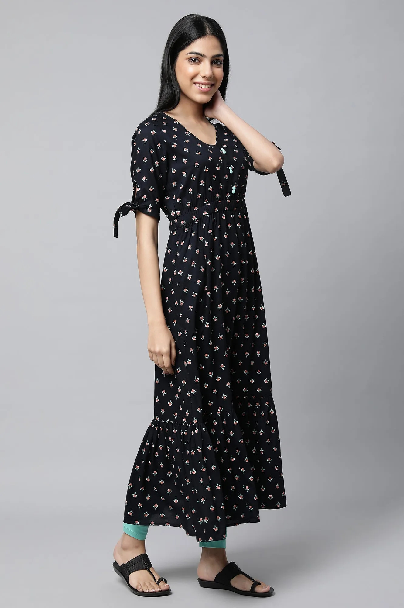 Black Khadi Printed Liva Dress And Tights Set