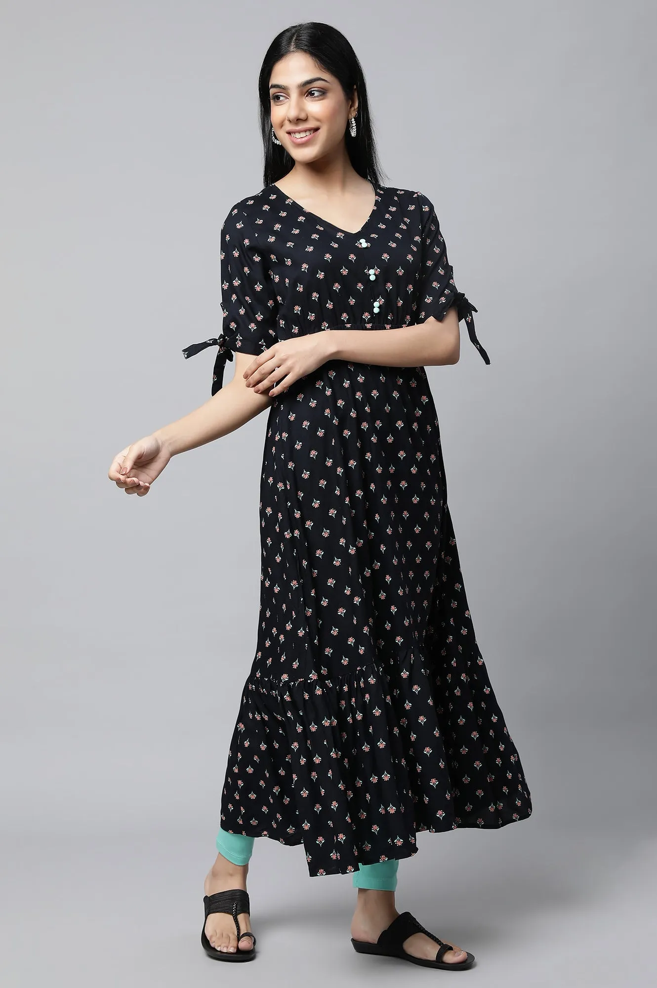 Black Khadi Printed Liva Dress And Tights Set