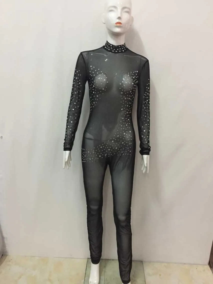 Black Mesh Jumpsuit Rhinestone Romper Long Sleeve Sheer See Through Bandage Bodysuits Woman Bodycon Outfits