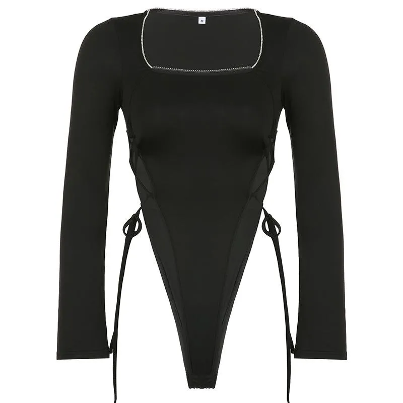 Bodysuit Long Sleeve Slim Sexy Gothic Rompers Lace Up Square Collar Dark Hollow Out Rhinestone Punk Streetwear
