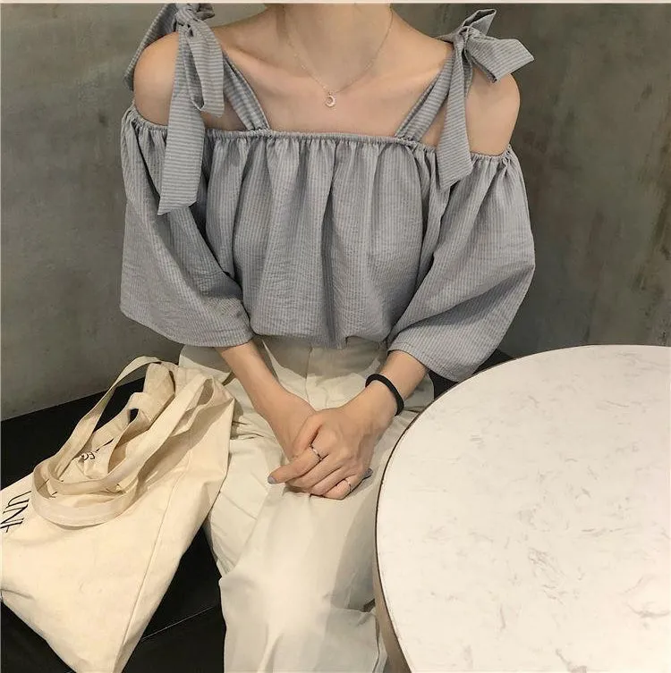 Bow Tie Slash Neck Loose Striped Blouse Shirt