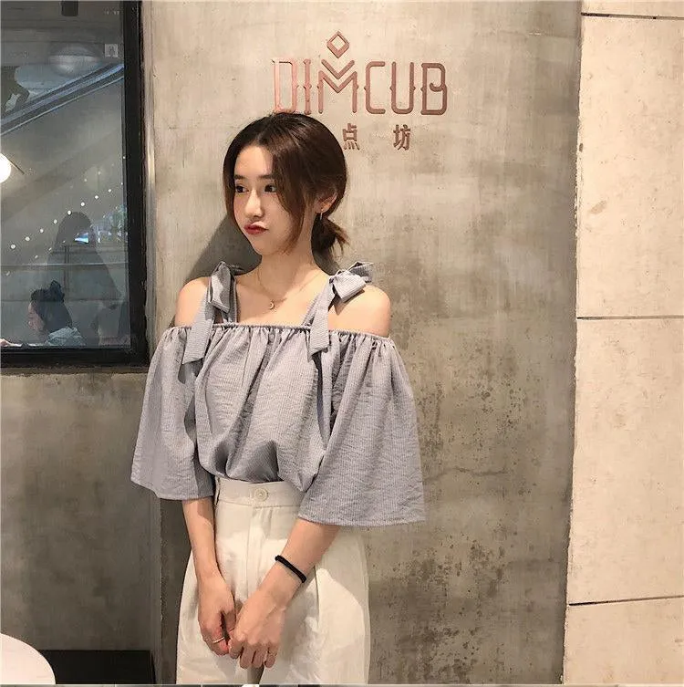 Bow Tie Slash Neck Loose Striped Blouse Shirt