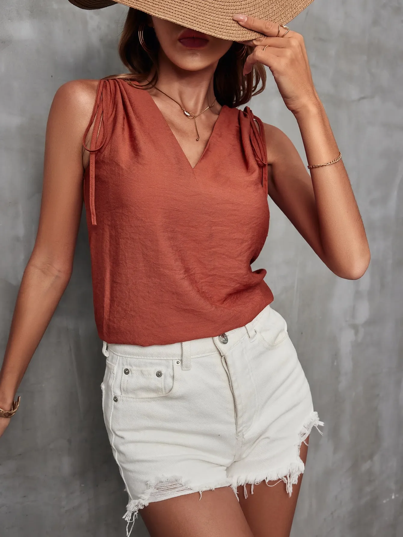 Brown Sleeveless Tie-Up V Neck Top