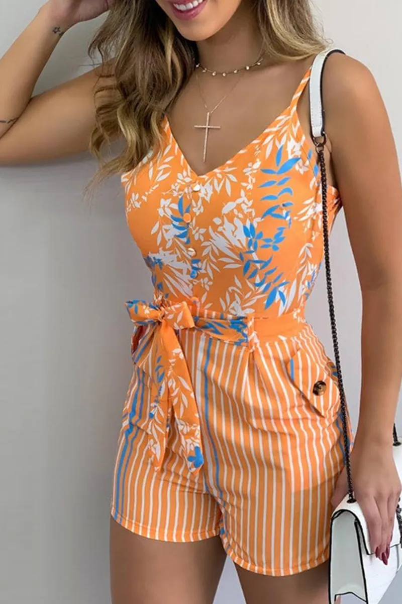 Casual Print Patchwork Spaghetti Strap Straight Jumpsuits(6 Colors)