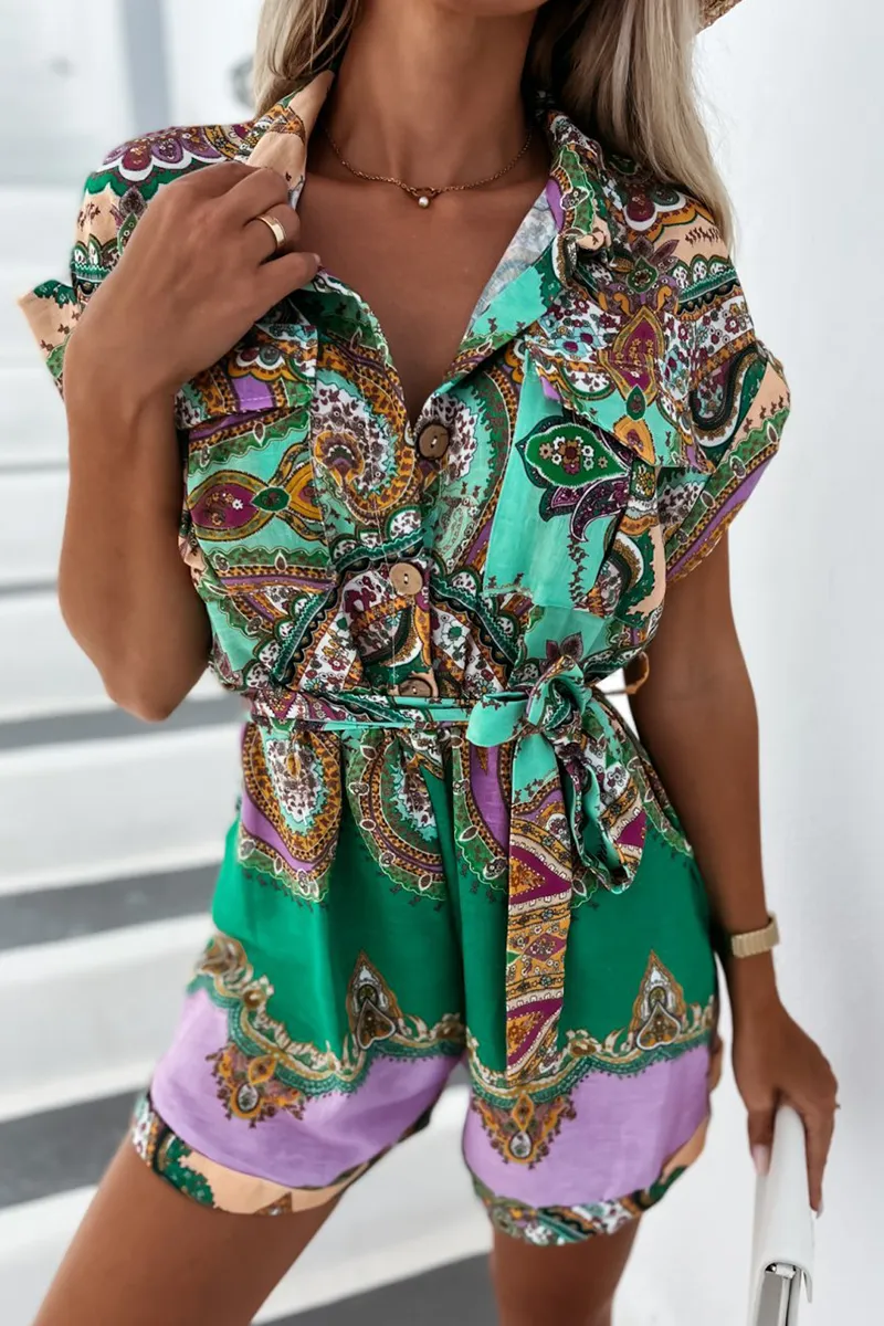 Casual Print Turndown Collar Straight Jumpsuits(3 Colors)