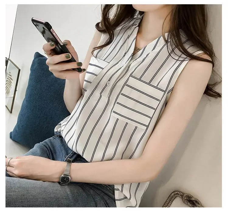 Casual Striped Sleeveless Style Blouse Shirt