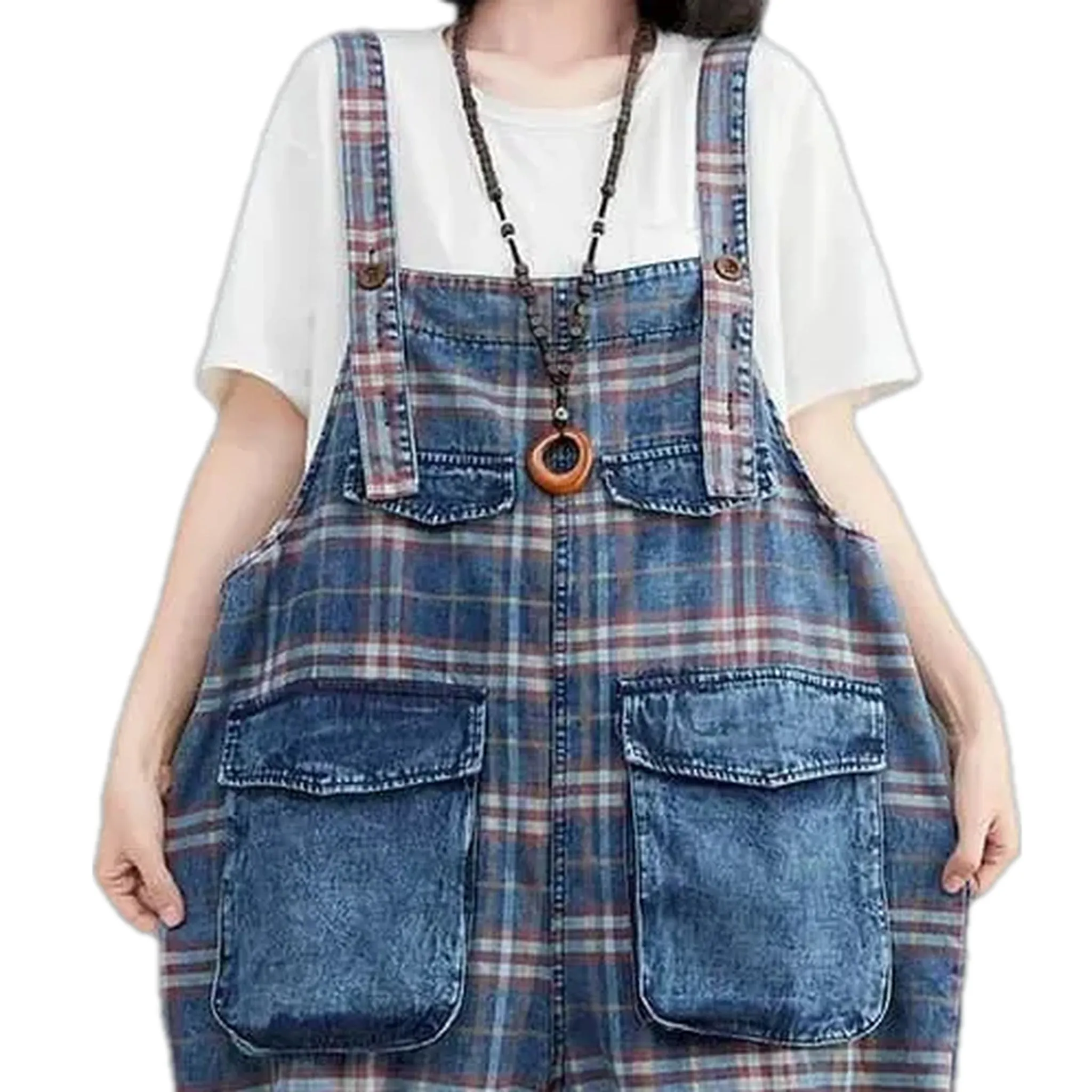 Checkered pattern baggy women's denim overall