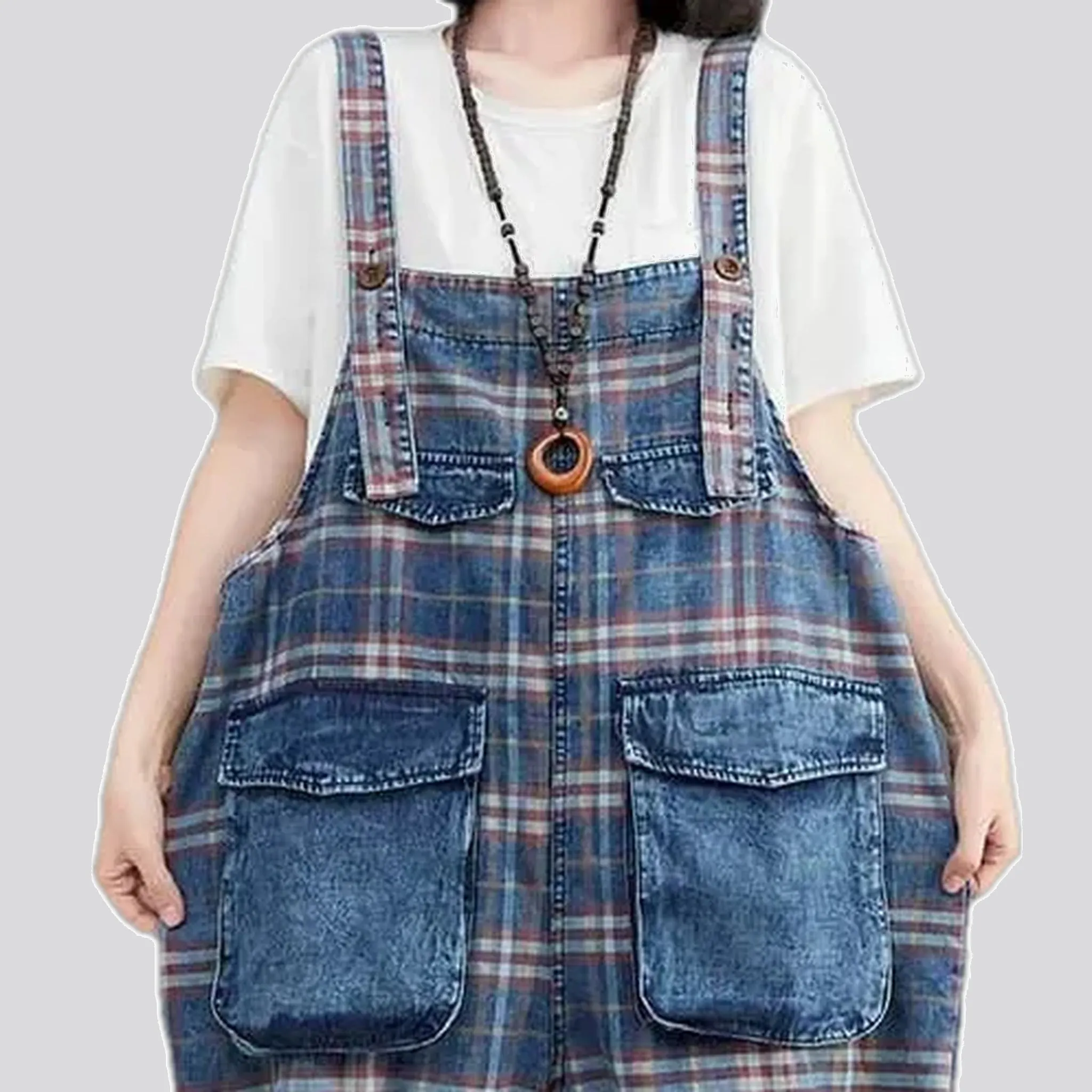 Checkered pattern baggy women's denim overall