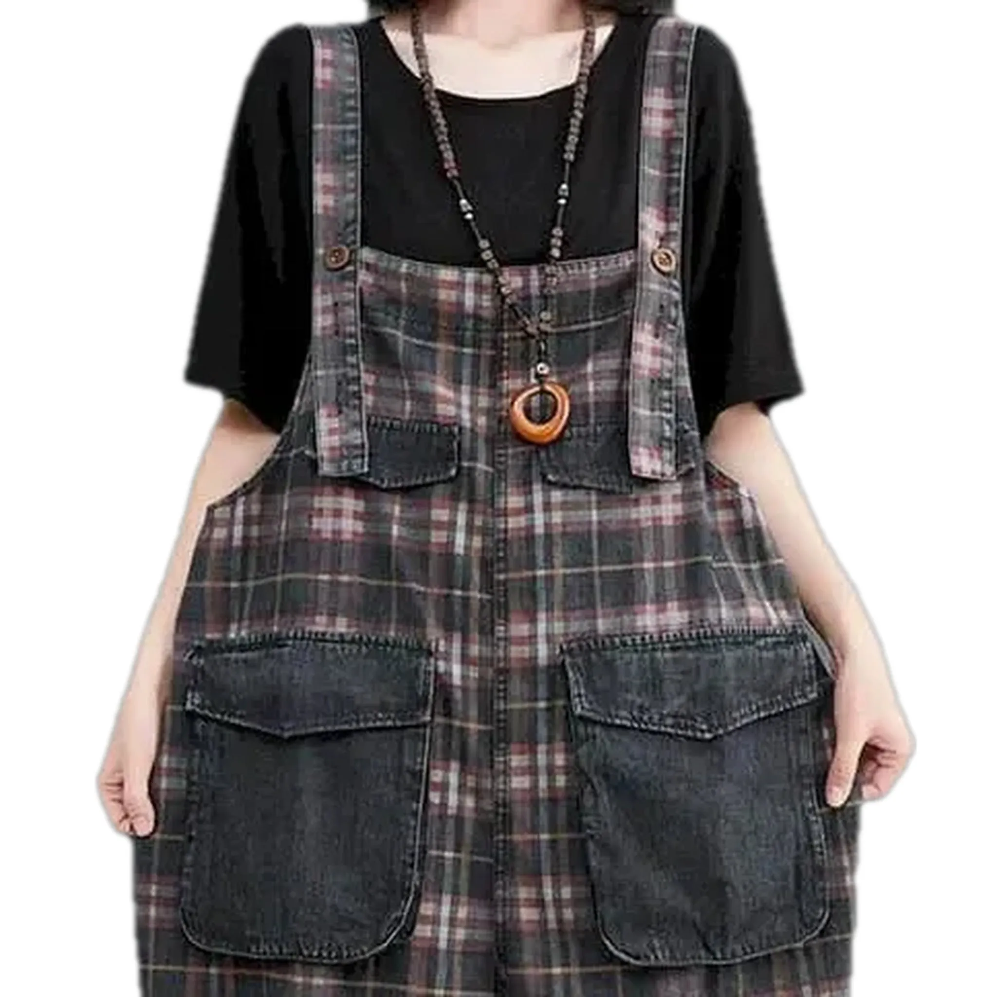 Checkered pattern baggy women's denim overall