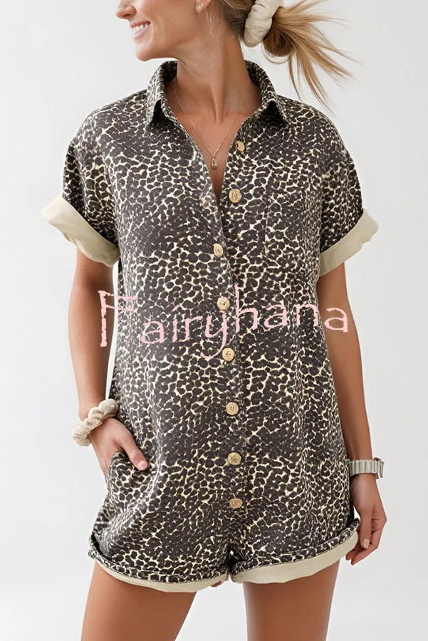 Comfort Meets Style Leopard Print Button Up Pocket Loose Shirt Romper