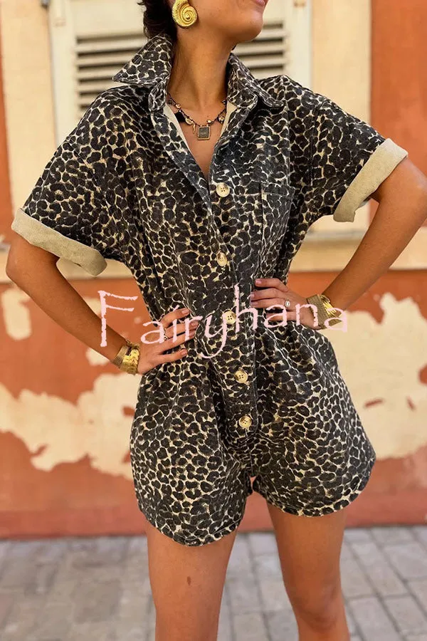 Comfort Meets Style Leopard Print Button Up Pocket Loose Shirt Romper