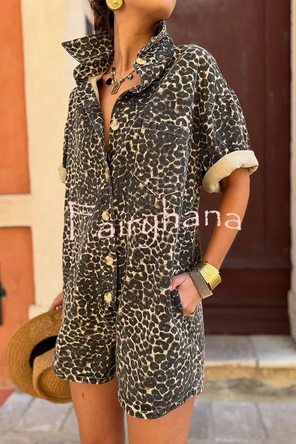 Comfort Meets Style Leopard Print Button Up Pocket Loose Shirt Romper