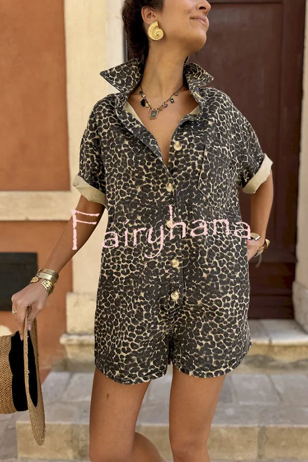 Comfort Meets Style Leopard Print Button Up Pocket Loose Shirt Romper