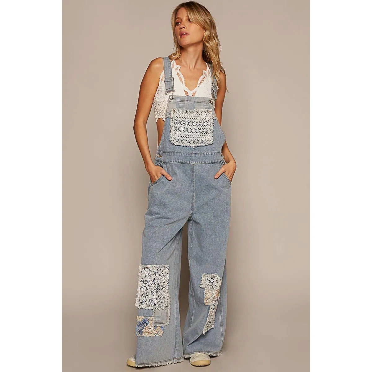 Crochet patchwork detail casual denim overalls