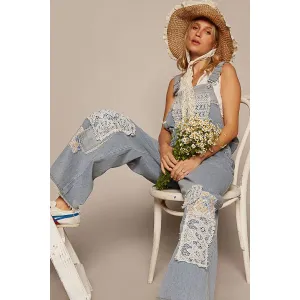 Crochet patchwork detail casual denim overalls