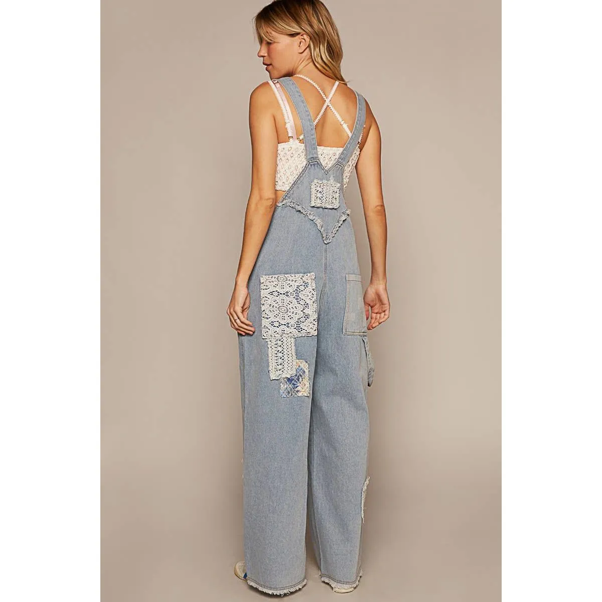 Crochet patchwork detail casual denim overalls
