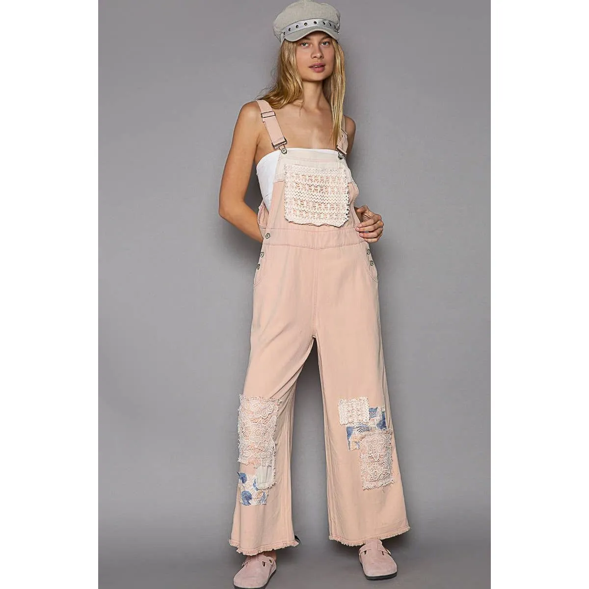 Crochet patchwork detail casual denim overalls