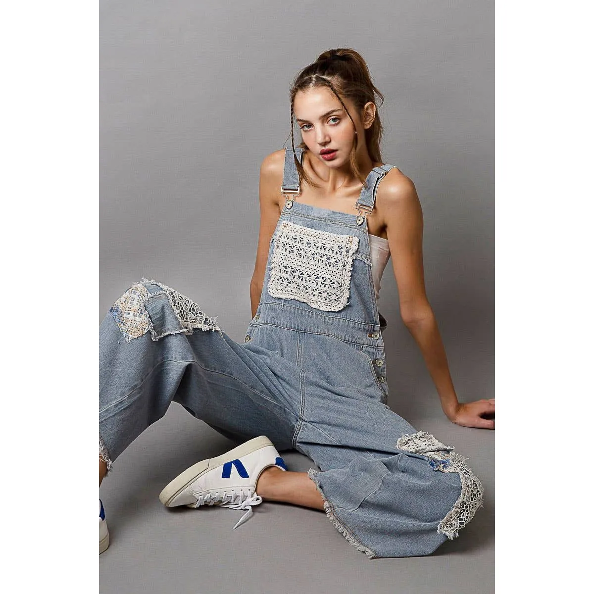 Crochet patchwork detail casual denim overalls