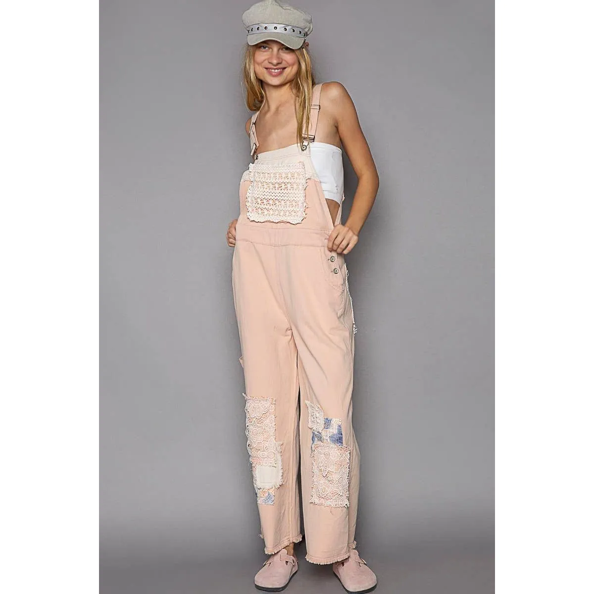 Crochet patchwork detail casual denim overalls